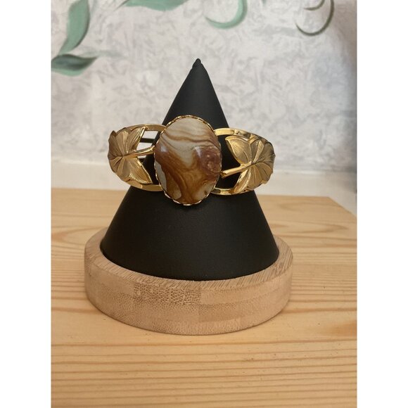 Gold-Tone Leaf & Faux Stone Inlay Hinged Bracelet With Secure Hinged Clasp - Picture 1 of 7
